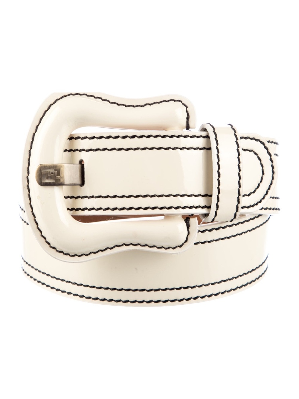 White FENDI Stitched Leather Belt with Decorative Buckle